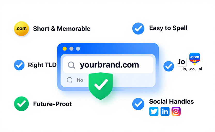 Domain Name Selection Checklist - Key factors for choosing a domain: short and memorable, easy to spell, right TLD choice (.com preferred), no trademark issues, future-proof, social handles available