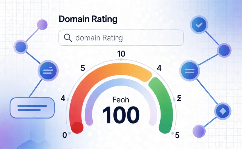 Domain Rating checker illustration showing DR meter and backlink network