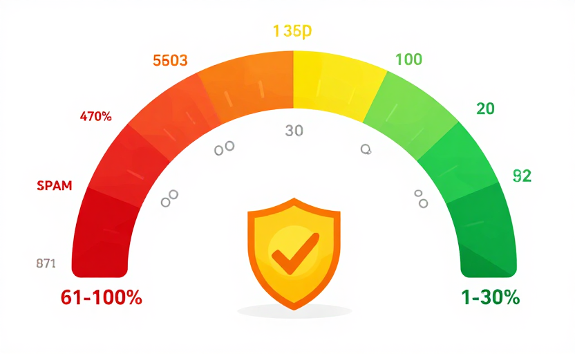 Spam Score checker illustration showing risk zones and warning indicators