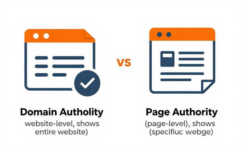 DA vs PA 对比图 - 域名权威度衡量网站级权威，页面权威度衡量页面级强度