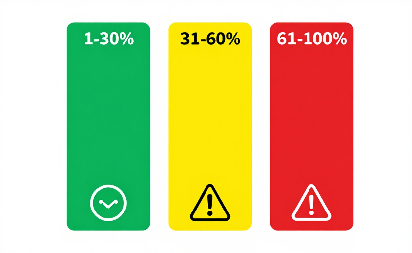 Spam Score Risk Zones - Risk levels from 1-30% (low risk, green), 31-60% (medium risk, yellow), to 61-100% (high risk, red)