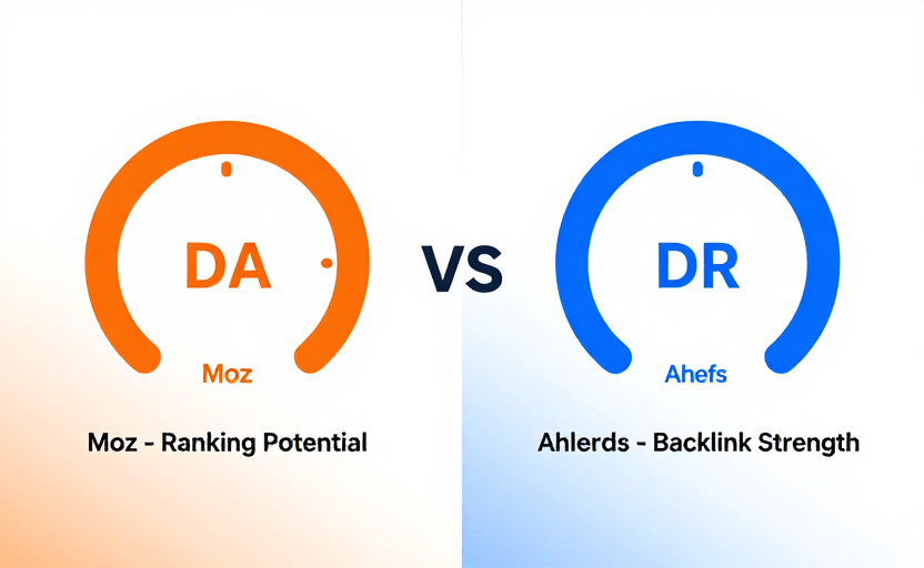 DA vs DR Comparison - Two side-by-side meters showing Moz Domain Authority (orange) and Ahrefs Domain Rating (blue) with key differences highlighted