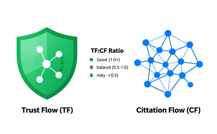 信任流与引用流对比图 - TF 衡量链接质量和可信度(绿色盾牌),CF 衡量链接数量和流行度(蓝色网络)