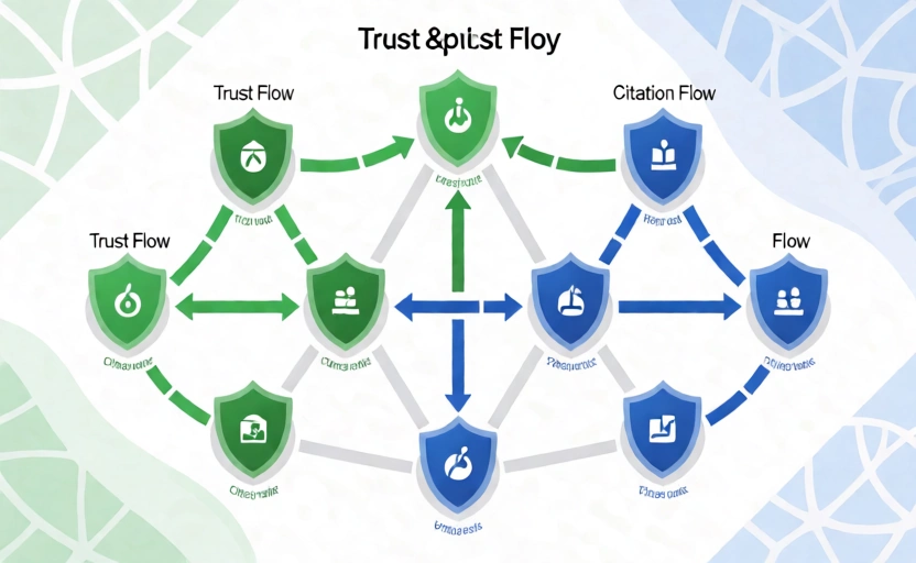 Trust Flow checker illustration showing TF and CF meters with trust network
